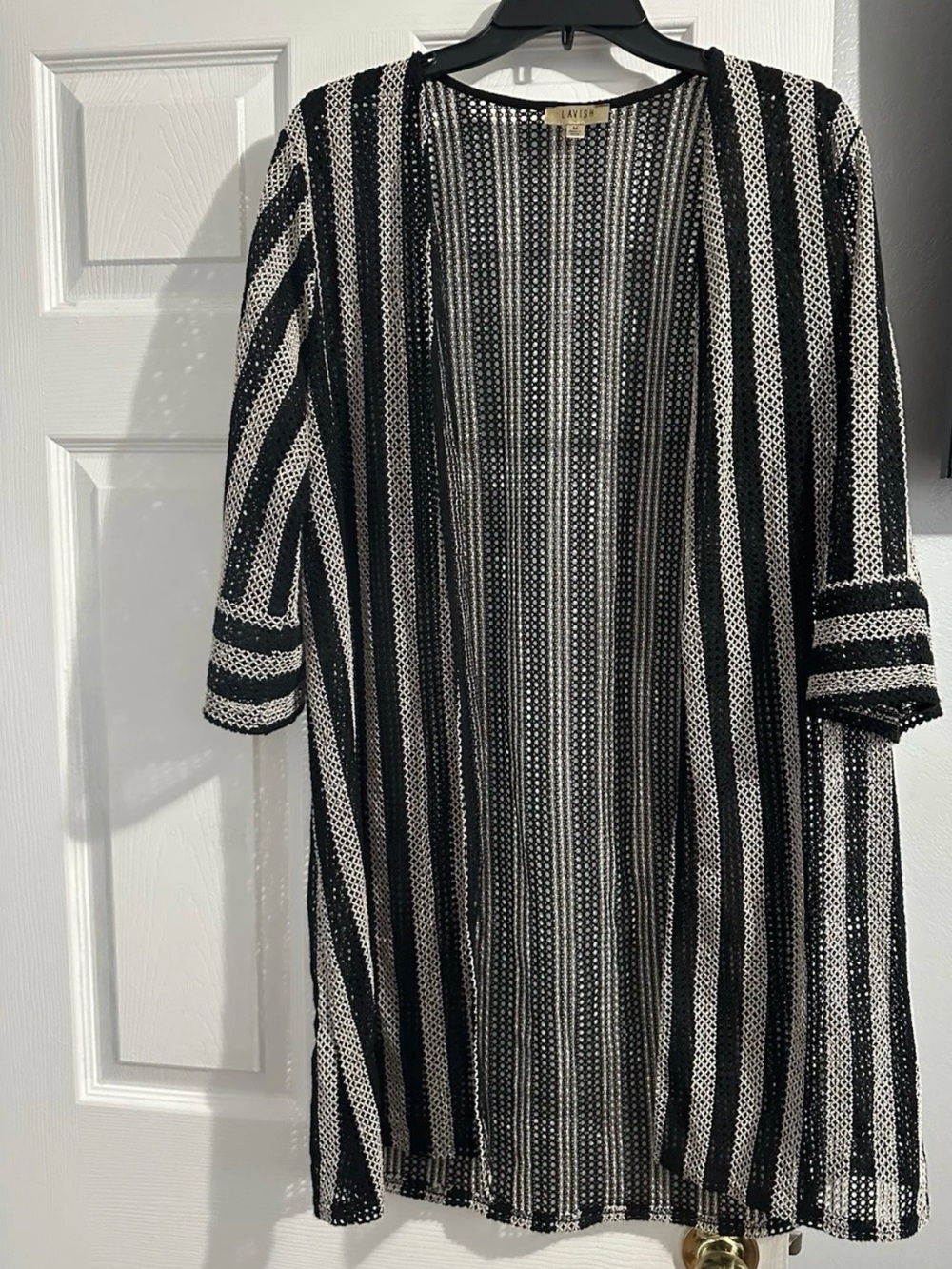Lavish Black and White Striped Open Cardigan